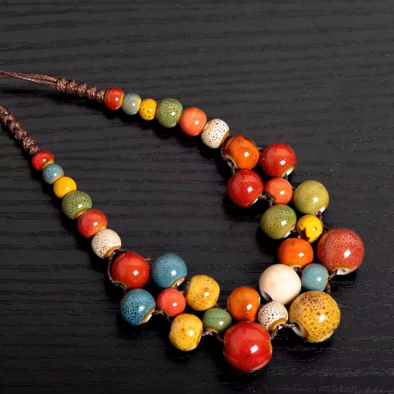 KURTCB Boho Hippie Ceramic Beaded Necklace for Women Statement Chunky Bohemian Fall Colorful Beads Strand Summer Thanksgiving Autumn Necklace - Image 2