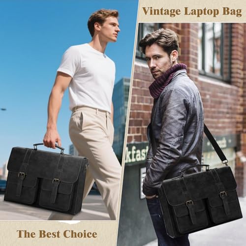 RAINSMORE Leather Messenger Bag for Men 15.6 Inch Vintage Laptop Bag Waterproof Briefcases for Men Computer Shoulder Bag Satchel for Work, Office, College, Business, Black - Image 2