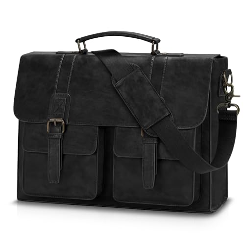RAINSMORE Leather Messenger Bag for Men 15.6 Inch Vintage Laptop Bag Waterproof Briefcases for Men Computer Shoulder Bag Satchel for Work, Office, College, Business, Black - Image 1