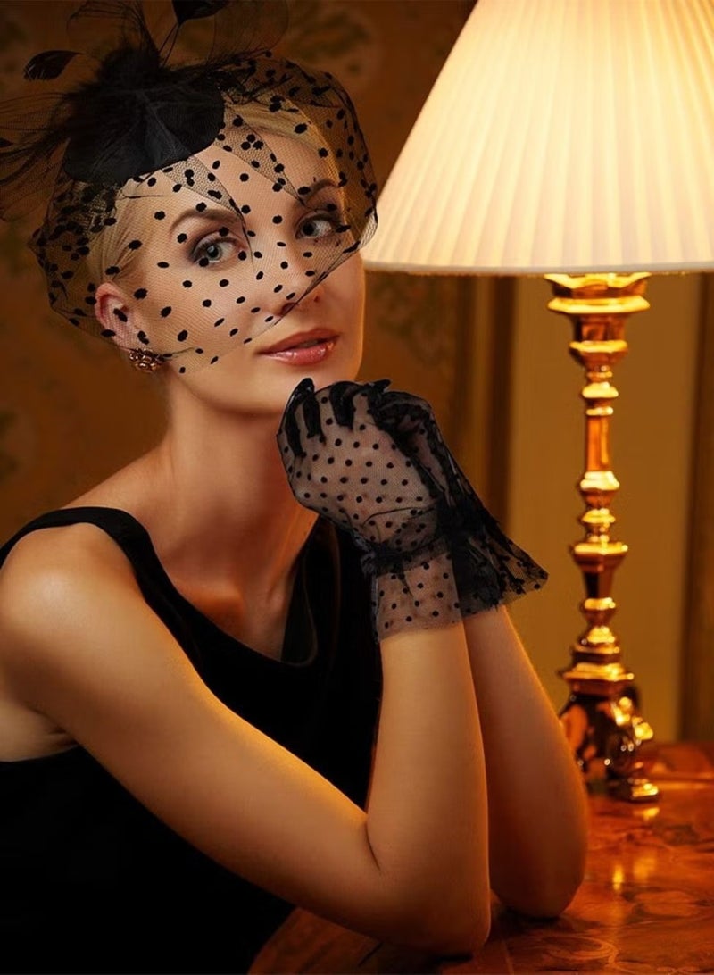 يا إلهي قبعة مبهرة خمسينيات القرن الماضي ، قبعة شبكية من الريش الصناعي ، أغطية رأس لحفلات الشاي مع حجاب وقفازات دانتيل قصيرة للنساء ، إكسسوارات زي للفتيات لحفلات الزفاف (أسود) - Image 3