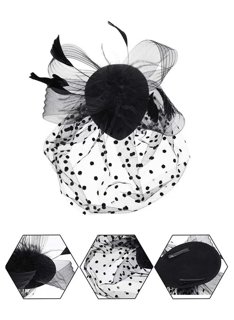 يا إلهي قبعة مبهرة خمسينيات القرن الماضي ، قبعة شبكية من الريش الصناعي ، أغطية رأس لحفلات الشاي مع حجاب وقفازات دانتيل قصيرة للنساء ، إكسسوارات زي للفتيات لحفلات الزفاف (أسود) - Image 5