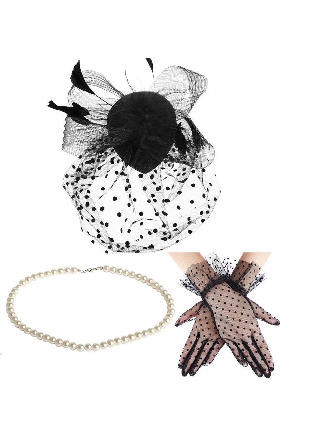 يا إلهي قبعة مبهرة خمسينيات القرن الماضي ، قبعة شبكية من الريش الصناعي ، أغطية رأس لحفلات الشاي مع حجاب وقفازات دانتيل قصيرة للنساء ، إكسسوارات زي للفتيات لحفلات الزفاف (أسود) - Image 1
