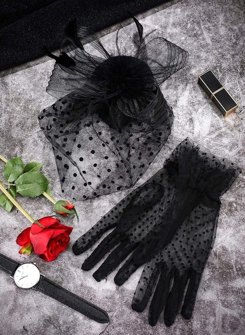 يا إلهي قبعة مبهرة خمسينيات القرن الماضي ، قبعة شبكية من الريش الصناعي ، أغطية رأس لحفلات الشاي مع حجاب وقفازات دانتيل قصيرة للنساء ، إكسسوارات زي للفتيات لحفلات الزفاف (أسود) - Image 4