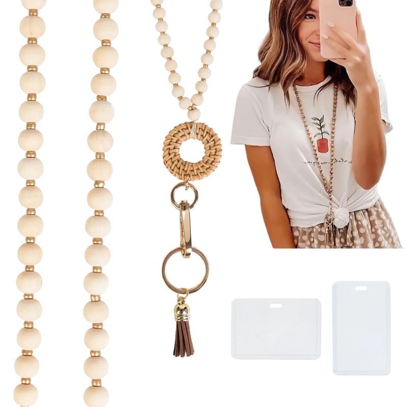 Fving Lanyards for Id Badges and Keys,Specialist ID Vertical Top Load Card Badge Holder,Wood Beaded Teacher Lanyard for ID Holder with Quick Release Key Ring,Cute Keychain Lanyard Women - Image 1