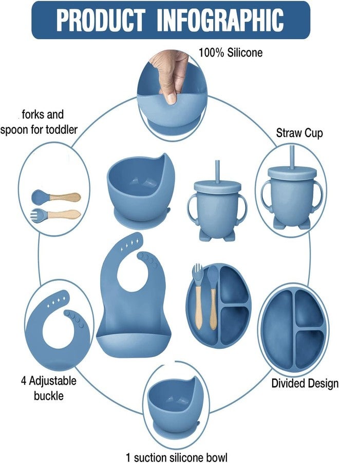 PIHARVA Silicone Baby Feeding Set for Self-Feeding | Suction Bowl, Divided Plate, Toddler Utensils (Spoons & Forks), Sippy Cup & Adjustable Bib for Weaning (Blue) - Image 2