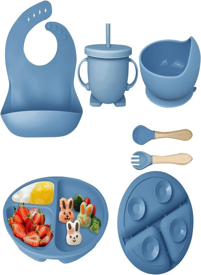 PIHARVA Silicone Baby Feeding Set for Self-Feeding | Suction Bowl, Divided Plate, Toddler Utensils (Spoons & Forks), Sippy Cup & Adjustable Bib for Weaning (Blue) - Image 1