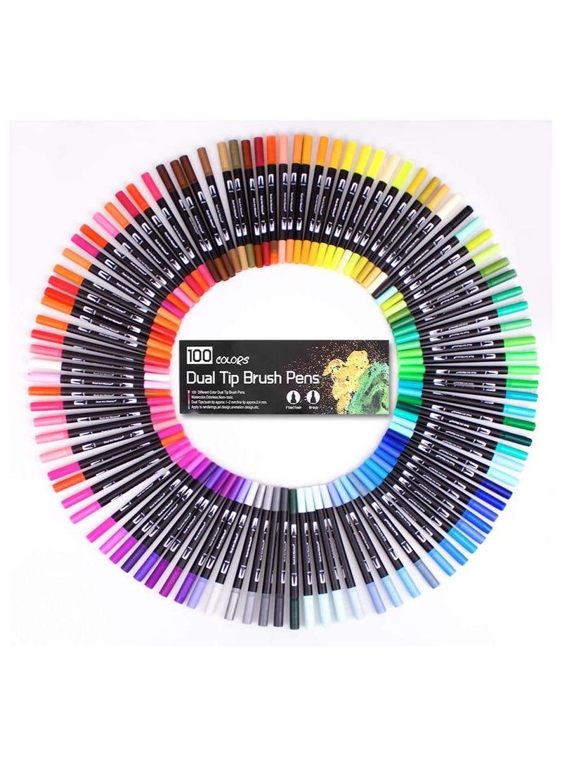 BP Colouring Pens 100 Colours Art Watercolour Brush Pens Tip And Fine Tip For Adult Colouring Books Sketching Drawing Painting Calliraphy - Image 1