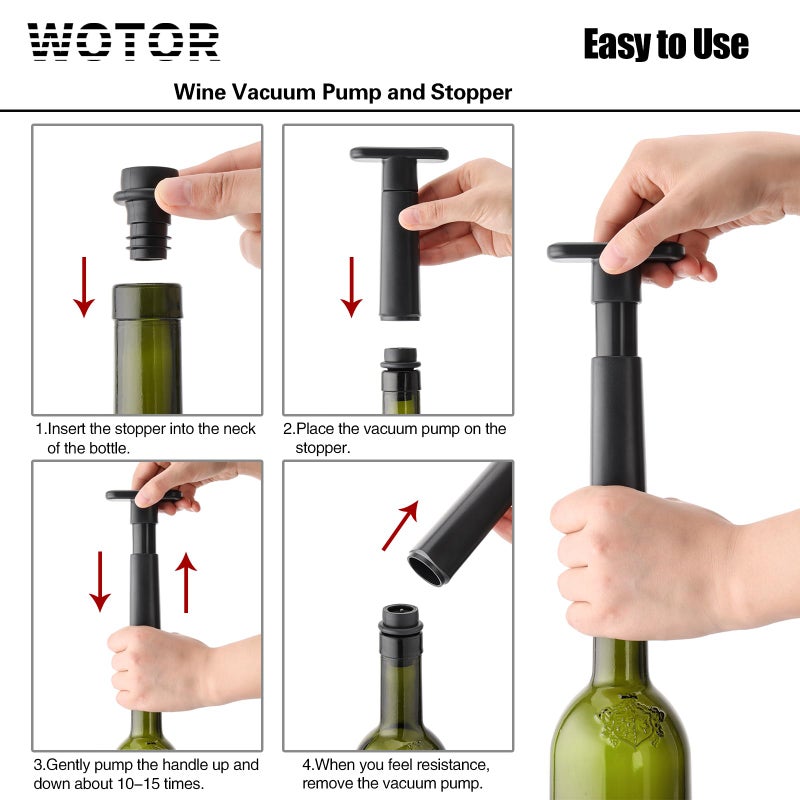 WOTOR Wine Saver Vacuum Pump with 8 Stoppers, Wine Stopper & Preserver, Reusable Bottle Sealer Keeps Fresh, Ideal Accessories Gift (Flat Handle) - Image 5