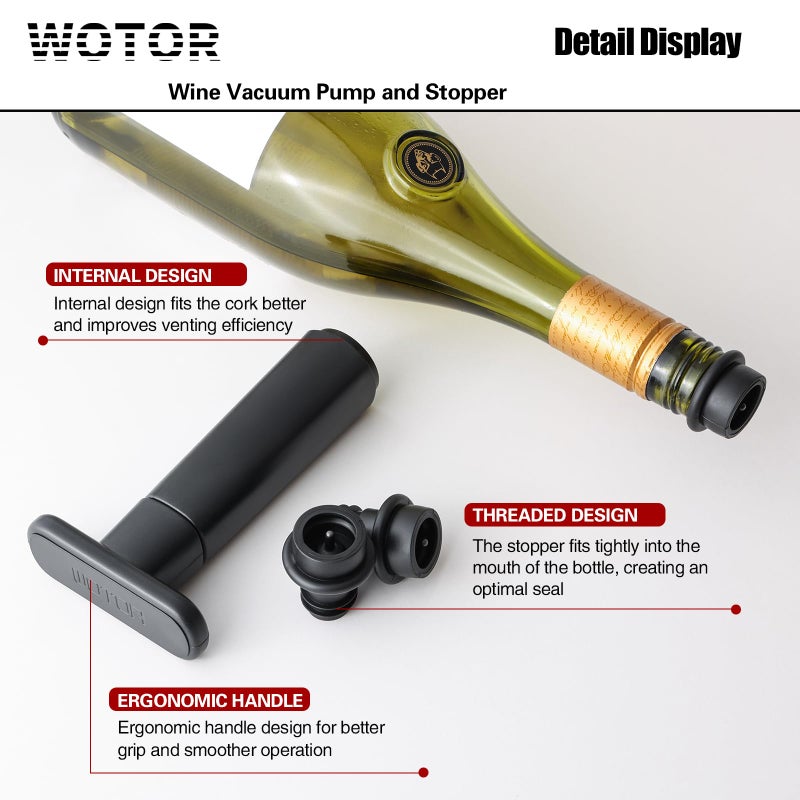 WOTOR Wine Saver Vacuum Pump with 8 Stoppers, Wine Stopper & Preserver, Reusable Bottle Sealer Keeps Fresh, Ideal Accessories Gift (Flat Handle) - Image 3