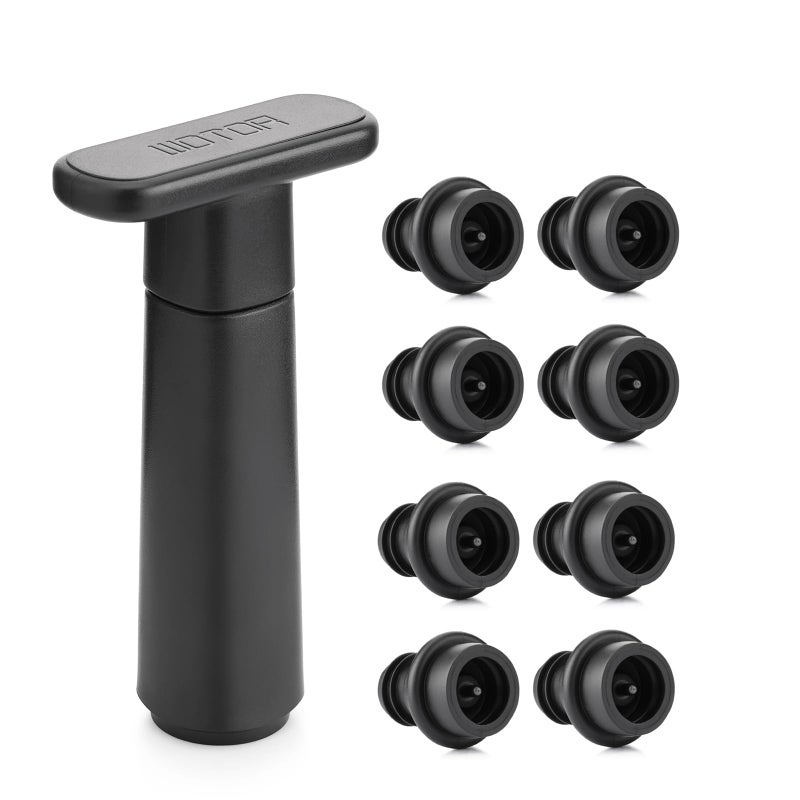 WOTOR Wine Saver Vacuum Pump with 8 Stoppers, Wine Stopper & Preserver, Reusable Bottle Sealer Keeps Fresh, Ideal Accessories Gift (Flat Handle) - Image 1
