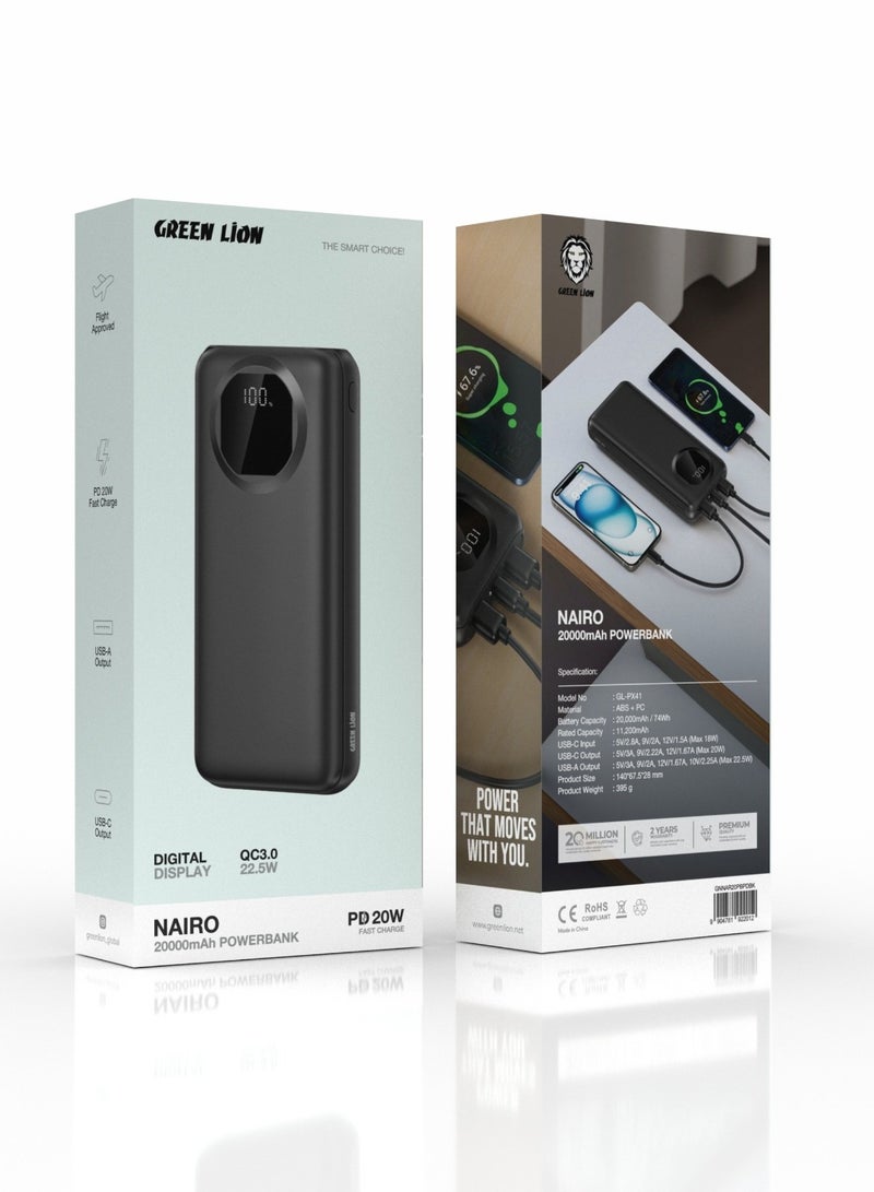 GREEN LION Nairo Power Bank 20000mAh with USB-C Output and USB-A Output / PD 20W Fast Charge Powerbank / Digital Display / Flight Approved / Power Bank with QC 3.0 22.5W - Black - Image 3