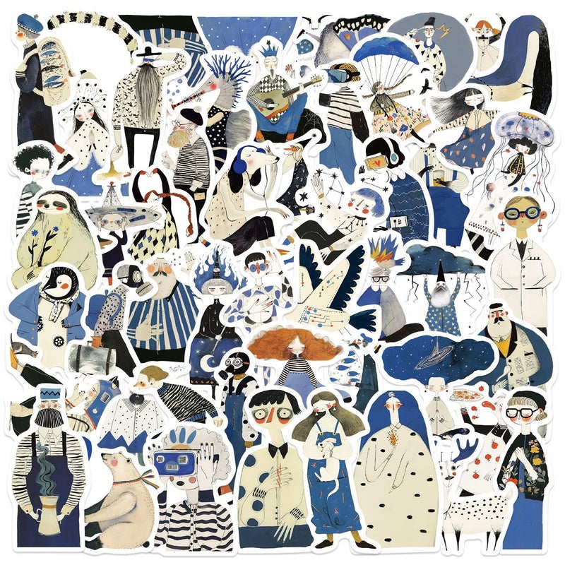 YOKSAS 50PCS Blue Aesthetic Vinyl Stickers â€“ Waterproof Artistic Hand-Drawn Character Stickers for Water Bottles, Laptops, Journals, Scrapbooking, Skateboards - Image 1