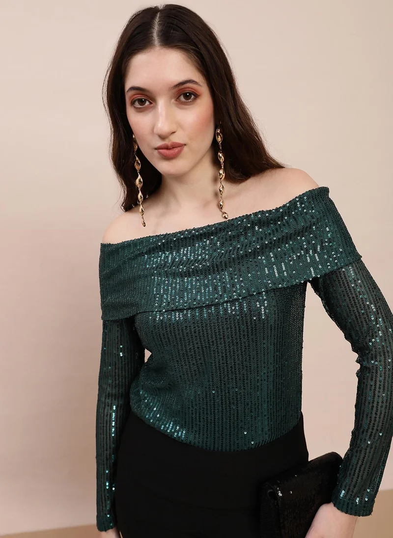 جلو باص Globus Women Green Off Shoulder Long Sleeves Sequinned Party Top
