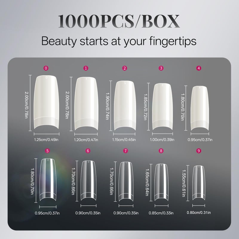 krofaue Nail Tips Lady French Style Acrylic Artificial Half Cover False Nail Tips with Box Ideal for Salons and Home DIY Manicure,10 Sizes,1000PCS (Natural and Clear) - Image 4