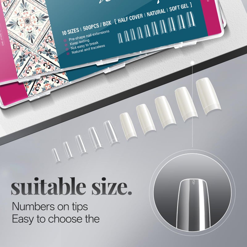 krofaue Nail Tips Lady French Style Acrylic Artificial Half Cover False Nail Tips with Box Ideal for Salons and Home DIY Manicure,10 Sizes,1000PCS (Natural and Clear) - Image 5