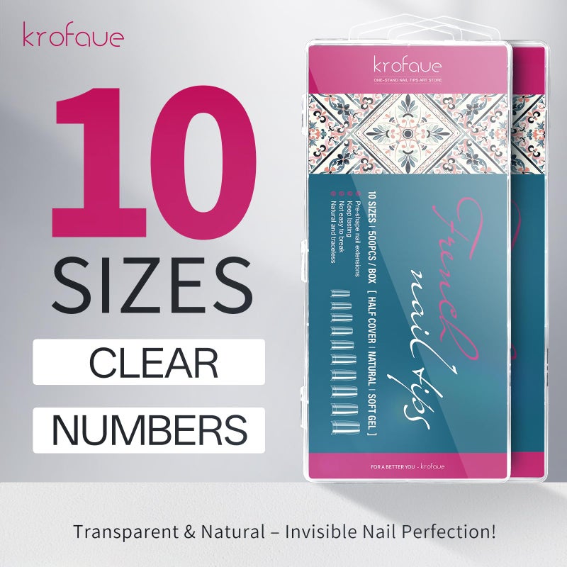 krofaue Nail Tips Lady French Style Acrylic Artificial Half Cover False Nail Tips with Box Ideal for Salons and Home DIY Manicure,10 Sizes,1000PCS (Natural and Clear) - Image 2