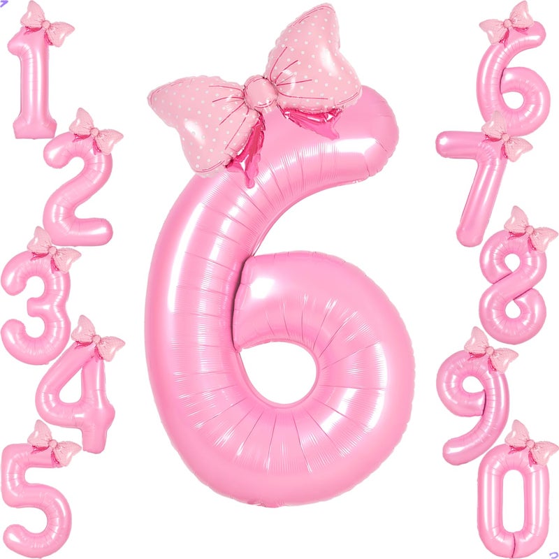 Florisland Pink 6 Balloon Number Pink Birthday Decorations for Girls, Bow Balloons Foil Mylar Large 40â€ 6 Birthday Balloon for Girls Bow Butterfly Coquette 6th Birthday Party Decorations(Number 6 balloons) - Image 1