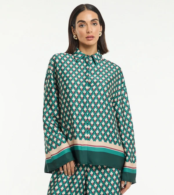 بي سي بي جي BCBG PRINTED OVERSIZED WOVEN SHIRT