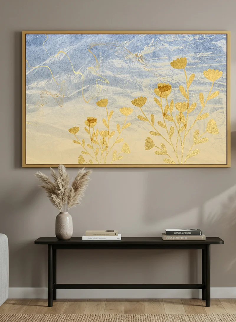 LOWHA Canvas Wall Art Stretched Over Wooden Frame with Gold Floating Frame and Golden Flowers Design