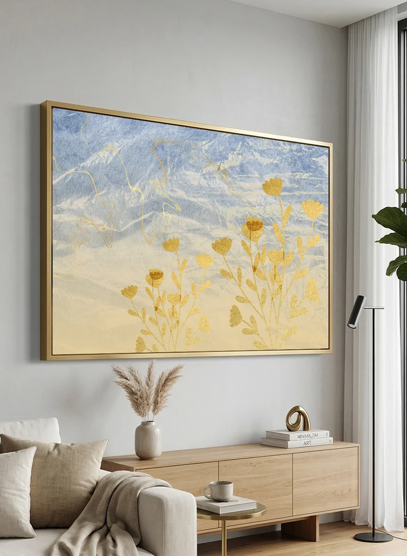 LOWHA Canvas Wall Art Stretched Over Wooden Frame with Gold Floating Frame and Golden Flowers Design