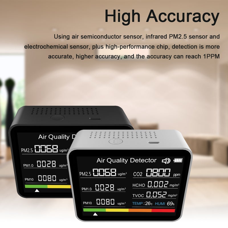 8 in 1 Air Quality Monitor CO2 Meter Carbon Dioxide Detector CO2 TVOC HCHO PM2.5 PM1.0 PM10 Temperature Humidity Detection with Alarm Function for Home Office Car - Image 5