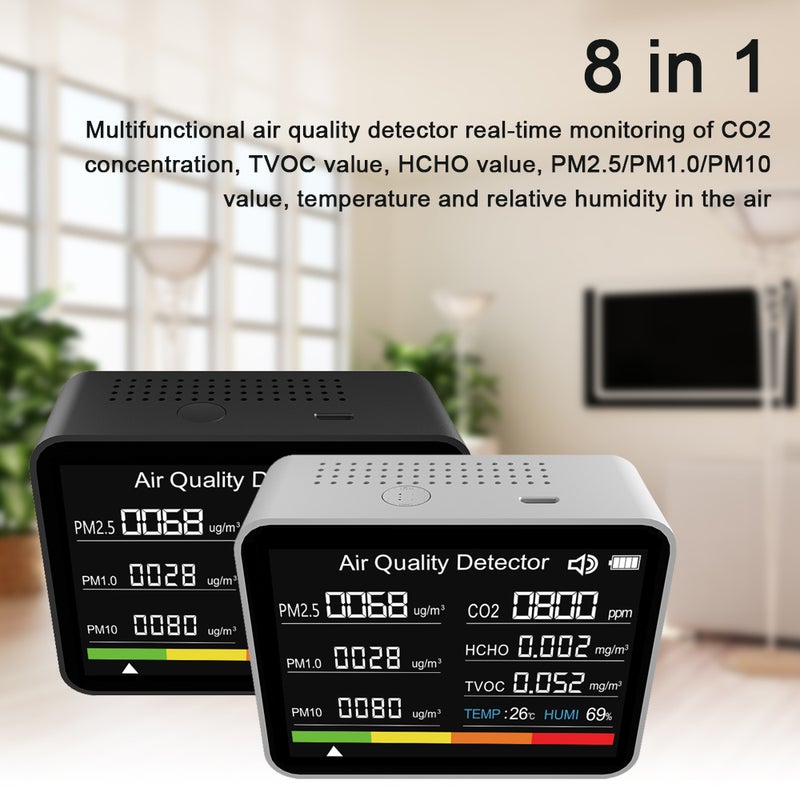8 in 1 Air Quality Monitor CO2 Meter Carbon Dioxide Detector CO2 TVOC HCHO PM2.5 PM1.0 PM10 Temperature Humidity Detection with Alarm Function for Home Office Car - Image 4
