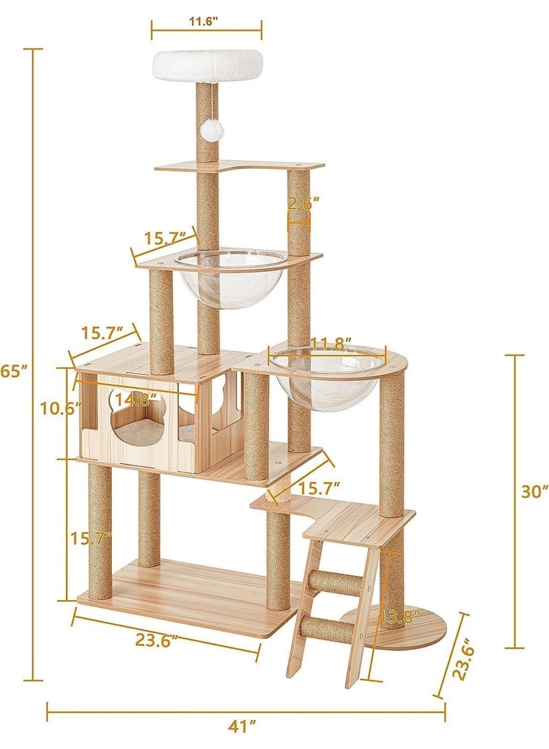 YOUWE7 Modern Cat Tree for Indoor Cats, 65 Inches Multi-Level Wood Tower, 2 Large Capsule Condos, Fully Sisal Scratching, Cat Tower Cat Condo with Platform & Hammock, for Indoor Activity Relaxing - Image 2