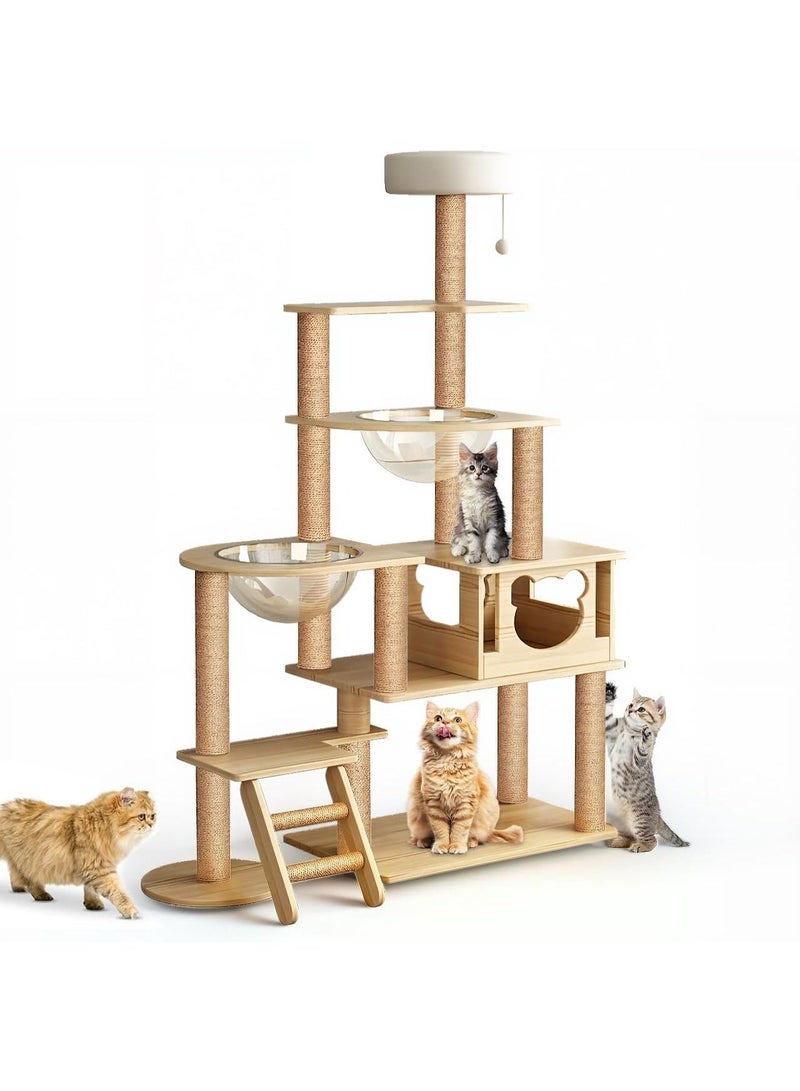 YOUWE7 Modern Cat Tree for Indoor Cats, 65 Inches Multi-Level Wood Tower, 2 Large Capsule Condos, Fully Sisal Scratching, Cat Tower Cat Condo with Platform & Hammock, for Indoor Activity Relaxing - Image 1