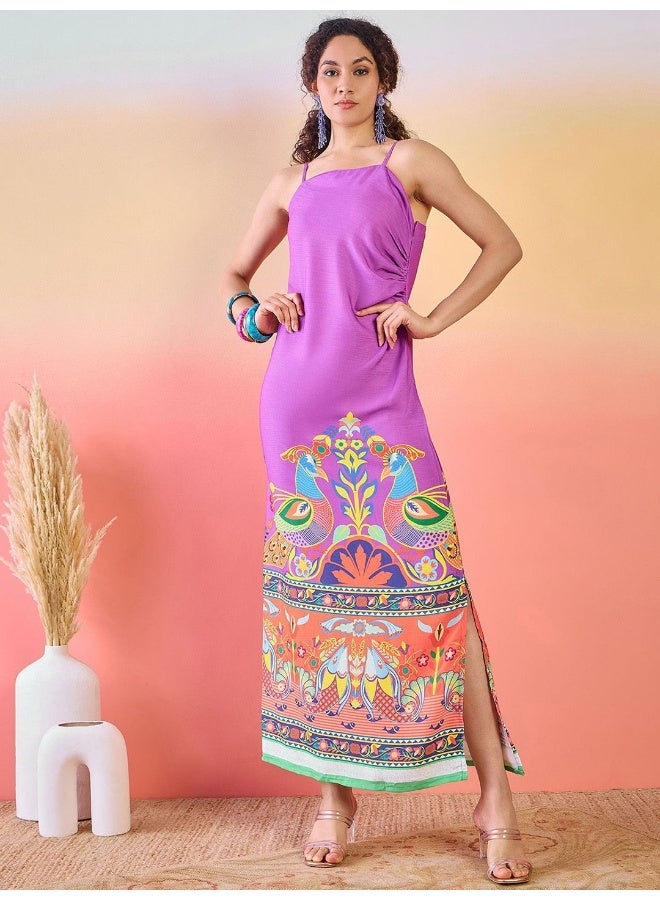 أيه كيه إس فستان ماكسي بحمالات مطبوع بنقوش عرقية - Image 4