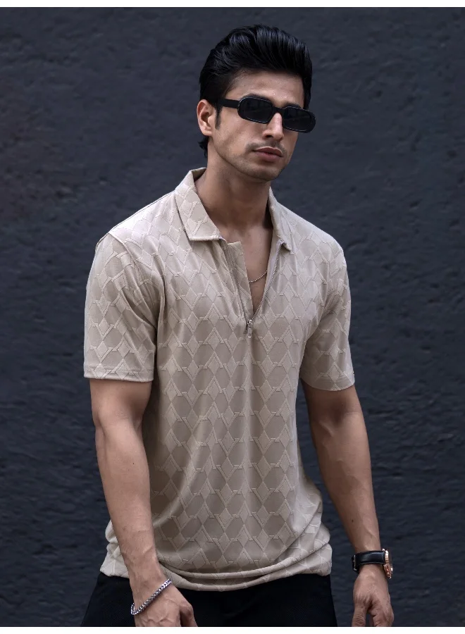 Maniac Mens Textured Polo Neck 3/4th Sleeve Beige Half Zipper Cotton Lycra Blend T-Shirt