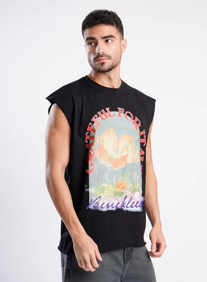 Styli Men Black Sleeveless Graphic Oversized T-Shirt By Bene Kleed