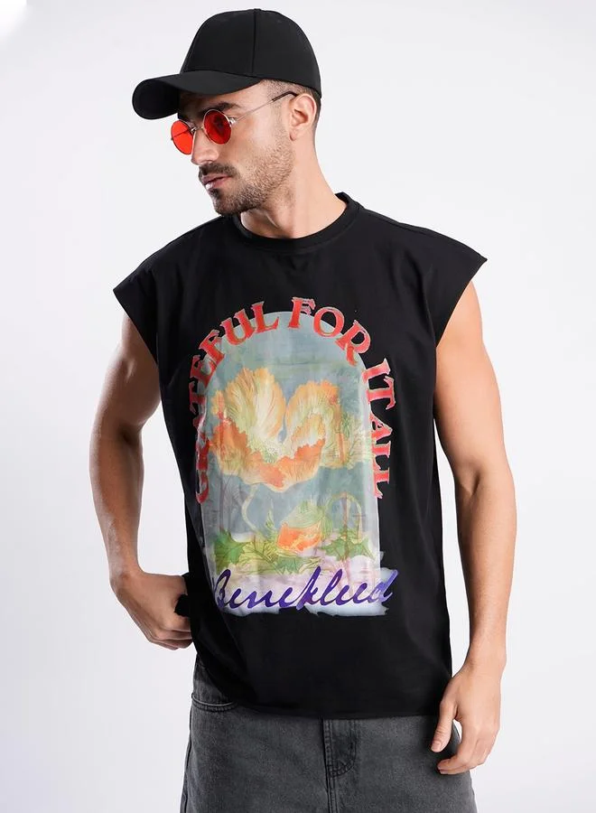 Styli Men Black Sleeveless Graphic Oversized T-Shirt By Bene Kleed