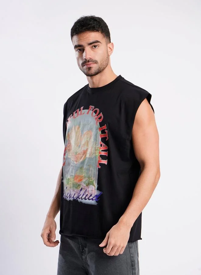Styli Men Black Sleeveless Graphic Oversized T-Shirt By Bene Kleed