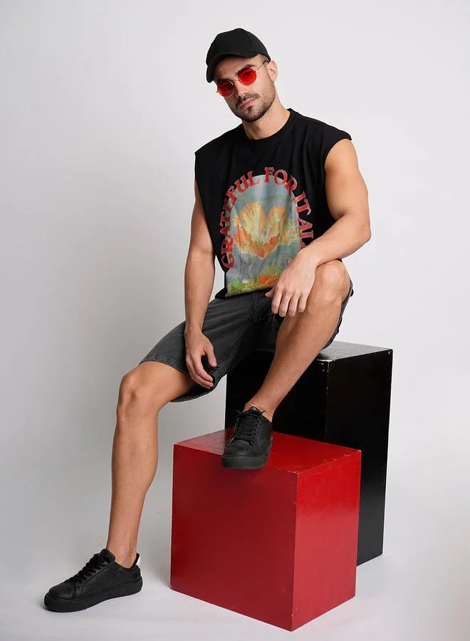 Styli Men Black Sleeveless Graphic Oversized T-Shirt By Bene Kleed