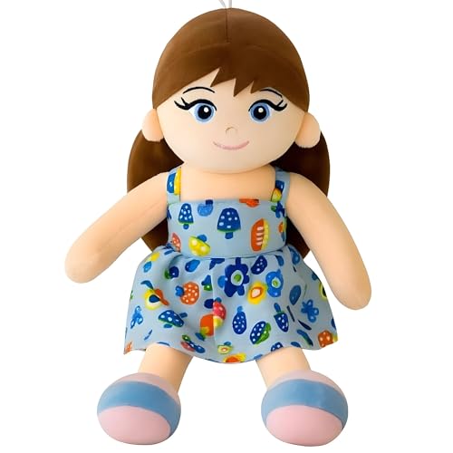 Fun4you Soft Plush Girl Doll with Blue Printed Frock | Ultra Soft Girl Doll with Hanging Loop | Stuffed Doll for Pretend Play, Nursery Decor & Gifting (35cm) - Image 1