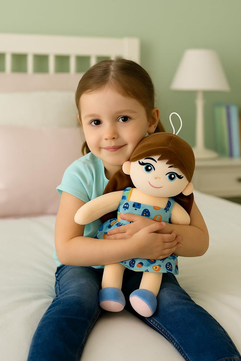 Fun4you Soft Plush Girl Doll with Blue Printed Frock | Ultra Soft Girl Doll with Hanging Loop | Stuffed Doll for Pretend Play, Nursery Decor & Gifting (35cm) - Image 5