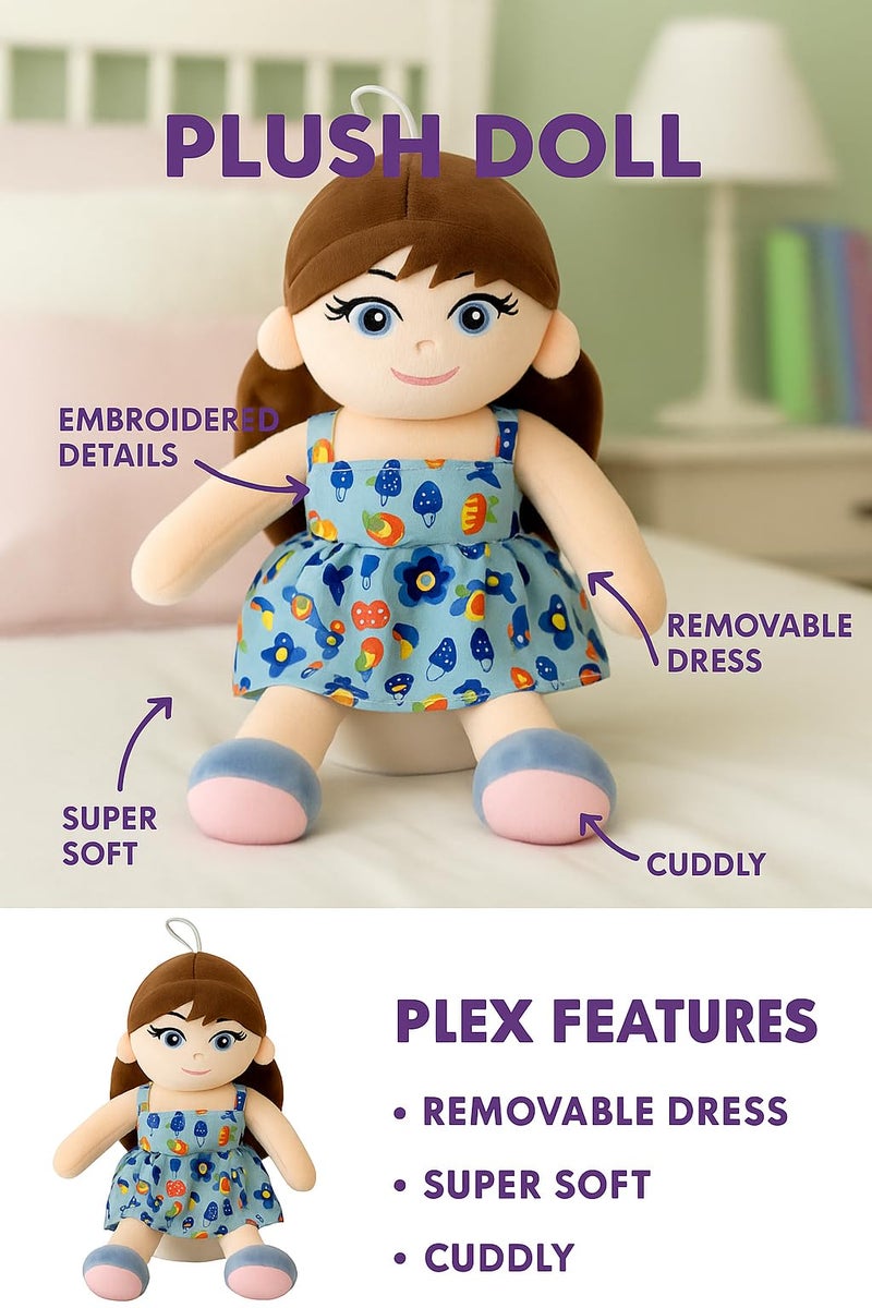 Fun4you Soft Plush Girl Doll with Blue Printed Frock | Ultra Soft Girl Doll with Hanging Loop | Stuffed Doll for Pretend Play, Nursery Decor & Gifting (35cm) - Image 2