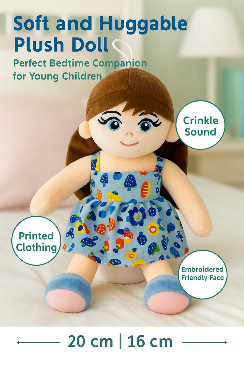 Fun4you Soft Plush Girl Doll with Blue Printed Frock | Ultra Soft Girl Doll with Hanging Loop | Stuffed Doll for Pretend Play, Nursery Decor & Gifting (35cm) - Image 3