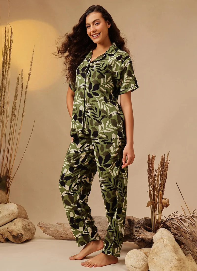 Clovia Green Clovia Leaf Print Button-Down Shirt & Pyjama Set in Dark Green - Rayon for Women | Best Price UAE