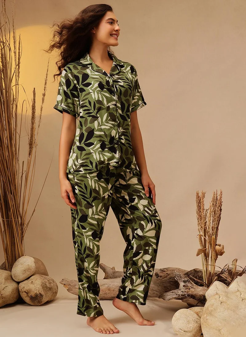 Clovia Green Clovia Leaf Print Button-Down Shirt & Pyjama Set in Dark Green - Rayon for Women | Best Price UAE