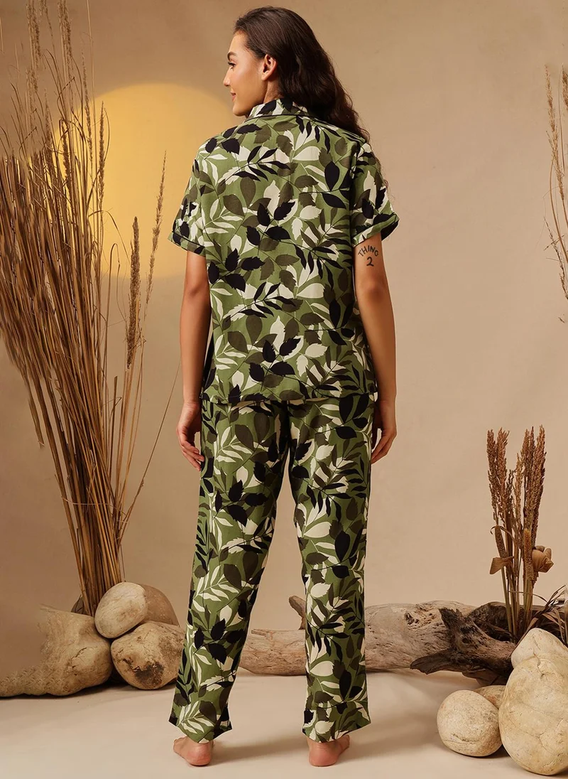 Clovia Green Clovia Leaf Print Button-Down Shirt & Pyjama Set in Dark Green - Rayon for Women | Best Price UAE
