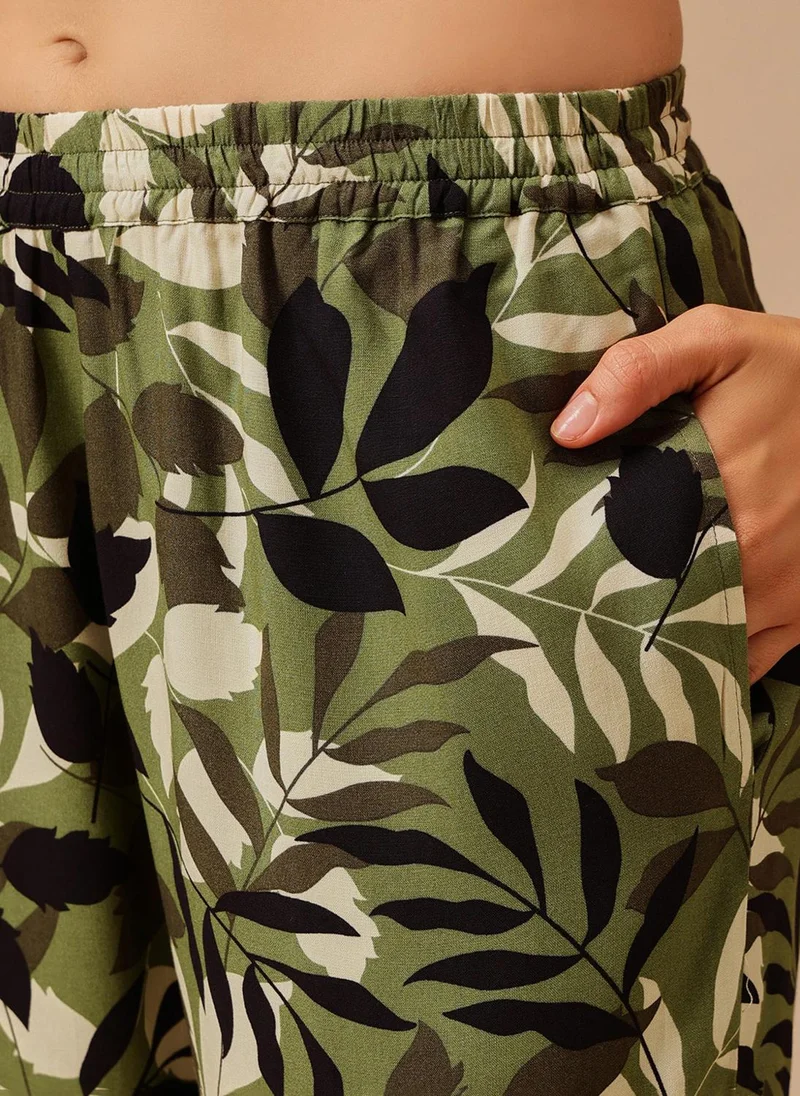 Clovia Green Clovia Leaf Print Button-Down Shirt & Pyjama Set in Dark Green - Rayon for Women | Best Price UAE