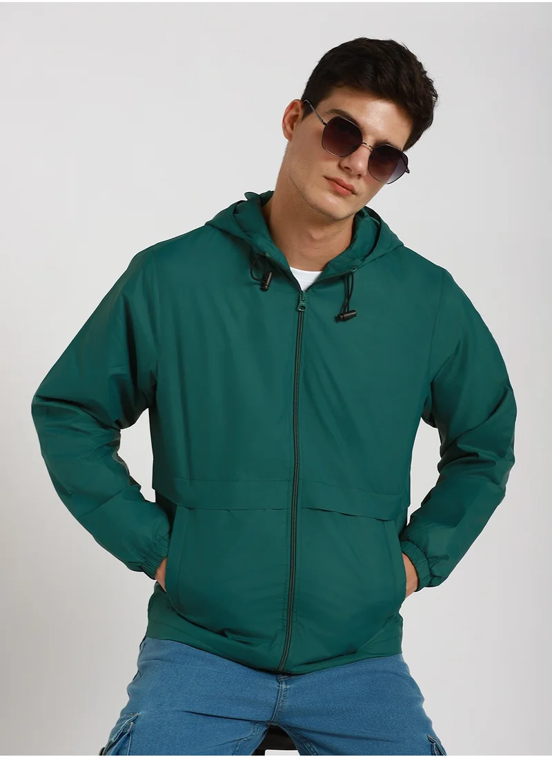 دينيس لينغو Grass Green Regular Fit Men's Solid Hooded Full Sleeves Polyester Jacket with Zipper Closure