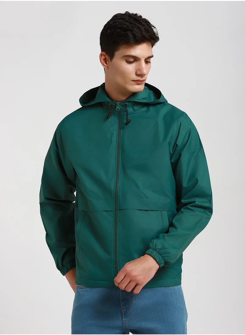 دينيس لينغو Grass Green Regular Fit Men's Solid Hooded Full Sleeves Polyester Jacket with Zipper Closure