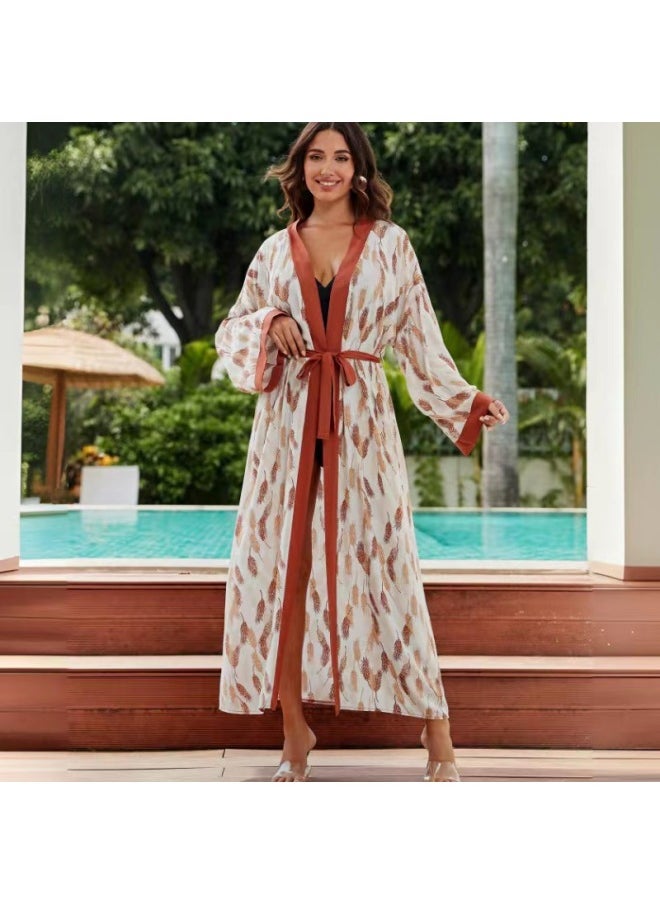 Loquat 2024 European And American Rayon Beach Blouse Robe Vacation Cardigan Bikini Swimsuit Sun Protection Shirt Coat-Color:73100-4 Orange Wheat Ears On White Background-  - Image 5