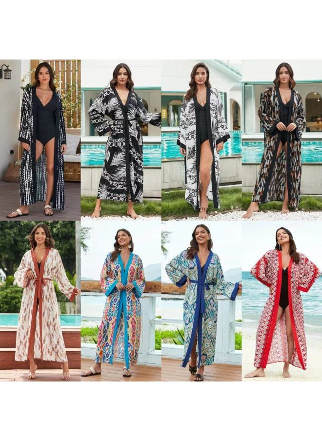 Loquat 2024 European And American Rayon Beach Blouse Robe Vacation Cardigan Bikini Swimsuit Sun Protection Shirt Coat-Color:73100-4 Orange Wheat Ears On White Background-  - Image 2