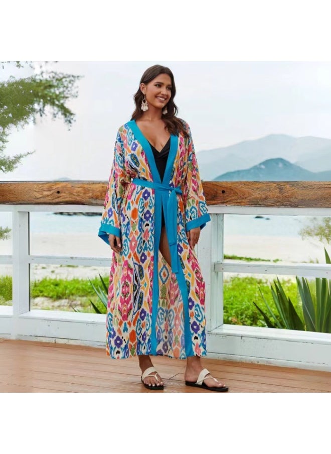 Loquat 2024 European And American Rayon Beach Blouse Robe Vacation Cardigan Bikini Swimsuit Sun Protection Shirt Coat-Color:73100-4 Orange Wheat Ears On White Background-  - Image 3