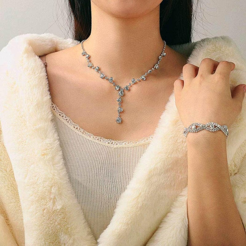 Excefore Bride Wedding Jewelry Sets, Crystal Bridal Necklace Bracelet Earrings Set, Prom Costume Jewelry Set, for Women and Girls Bride Wedding Hair Accessories (3 Pcs) - Image 3