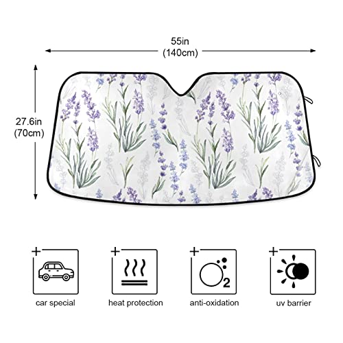 Vdsrup Beautiful Lavender Car Sun Shade Windshield Watercolor Flowers Sun Shield UV Ray Protection Foldable Sun Visor for Front Window Blocks Automotive Interior Accessories 55 X 27.6 in - Image 3