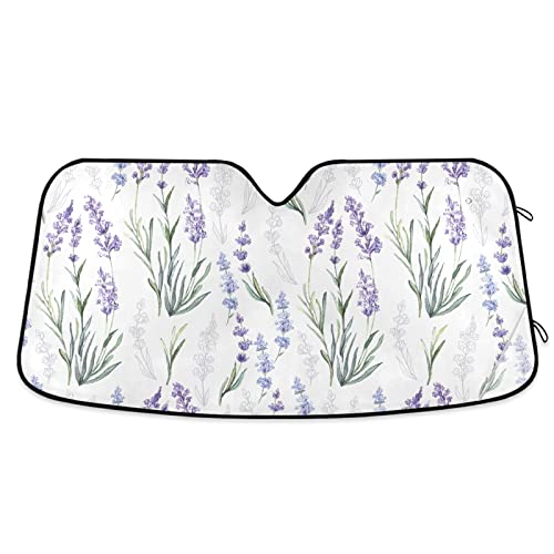 Vdsrup Beautiful Lavender Car Sun Shade Windshield Watercolor Flowers Sun Shield UV Ray Protection Foldable Sun Visor for Front Window Blocks Automotive Interior Accessories 55 X 27.6 in - Image 1